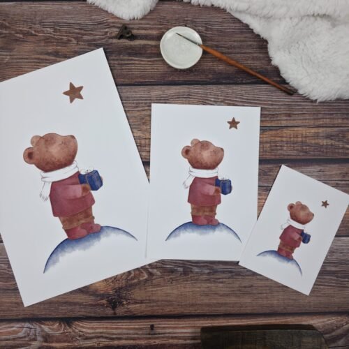 Prints d'un ourson sous les étoiles à l’aquarelle en formats A4, A5 et A6
