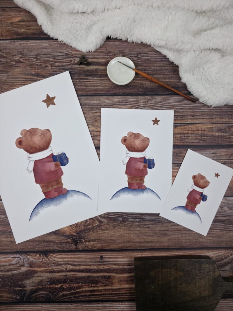 Prints d'un ourson sous les étoiles à l’aquarelle en formats A4, A5 et A6