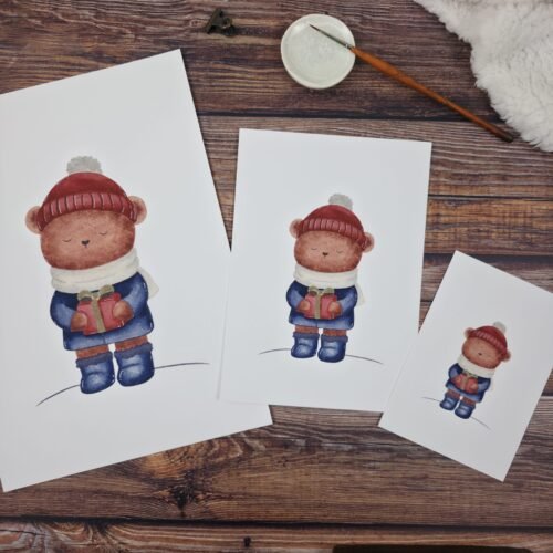Reproduction fin art d'un ourson porteur de cadeau peint à l'aquarelle