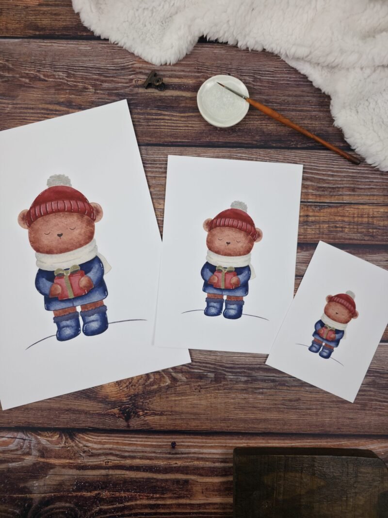 Reproduction fin art d'un ourson porteur de cadeau peint à l'aquarelle